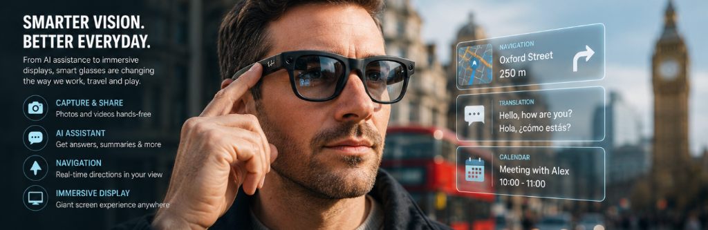 Man wearing smart glasses in London showing AI features — navigation on Oxford Street, real-time translation, calendar reminders and hands-free photo capture