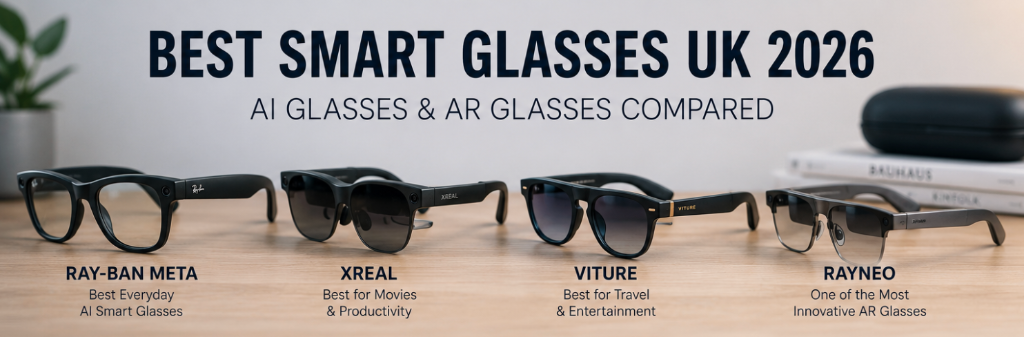 Best Smart Glasses UK 2026 — Ray-Ban Meta, XREAL, VITURE and RayNeo AI glasses and AR glasses compared side by side on a desk