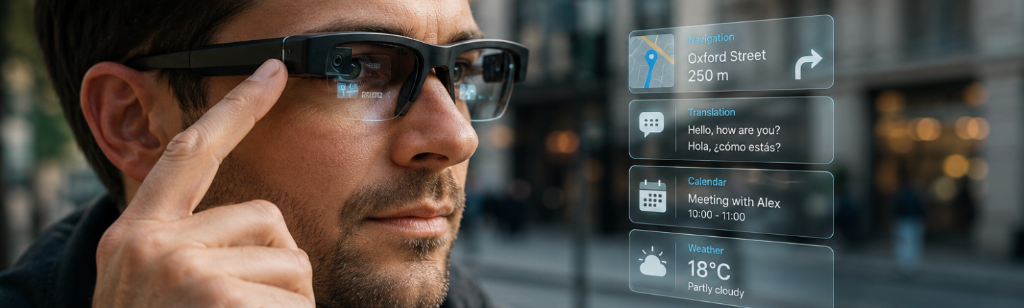 Man wearing AR smart glasses displaying navigation, translation and calendar overlays on Oxford Street — wearable AR display technology