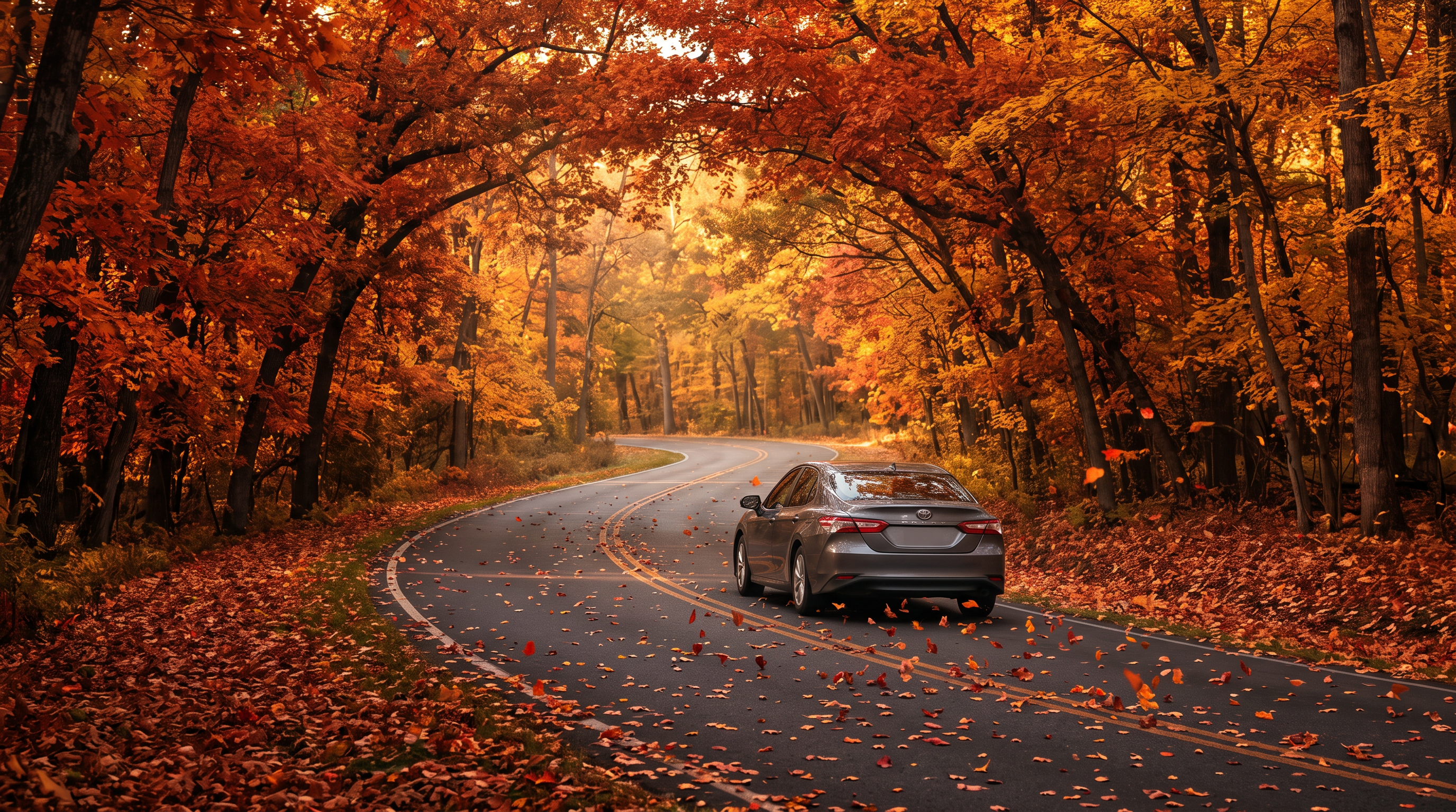 Car driving down a tree-lined road in peak fall foliage