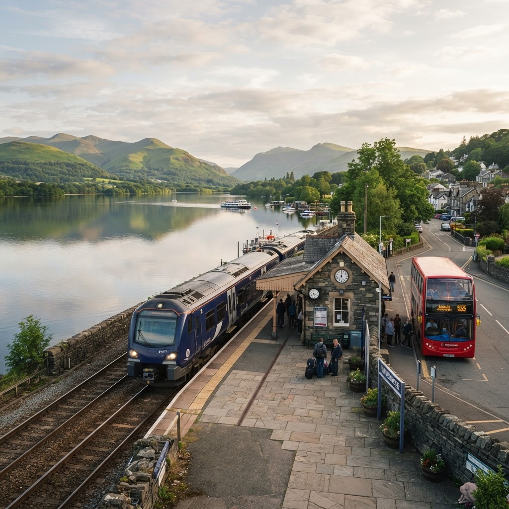 Train arriving at Windermere station in the Lake District with the lake and fells behind