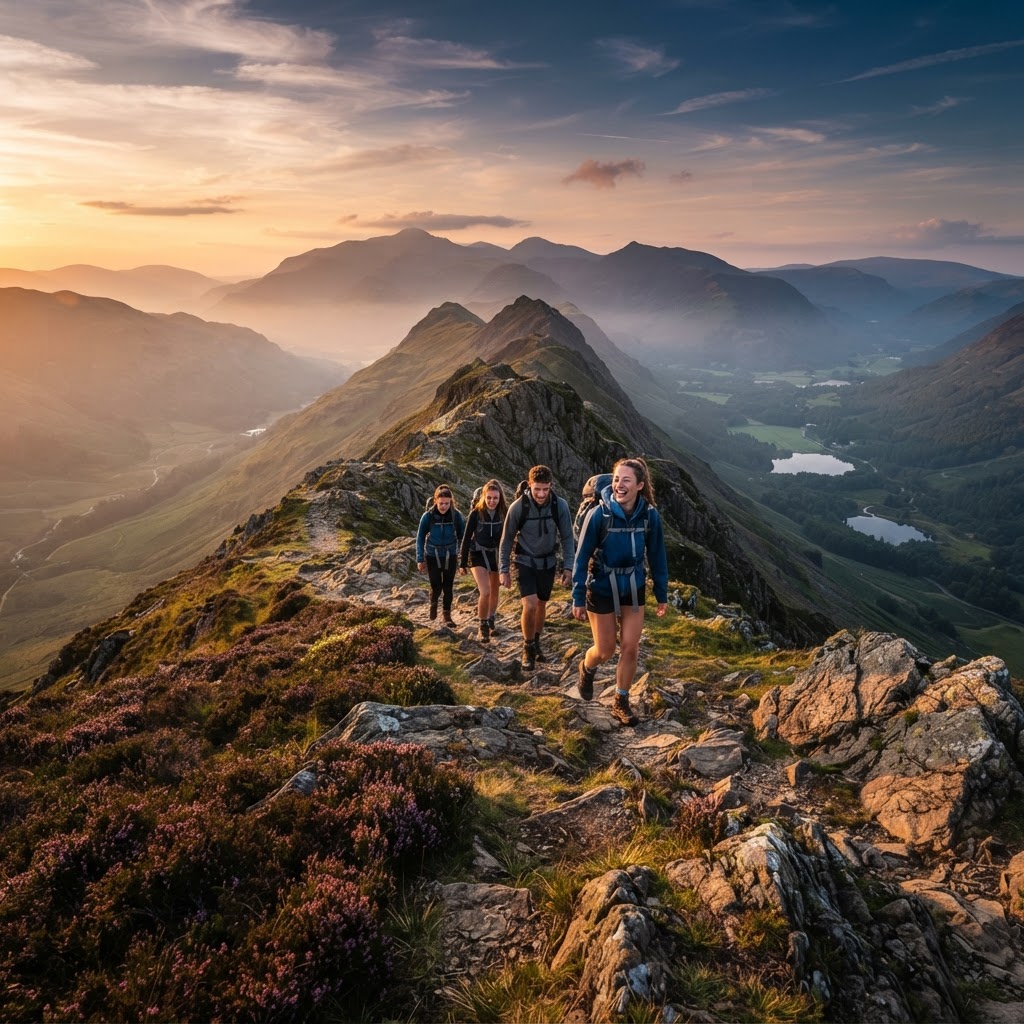 Hikers on a UK mountain ridge at golden hour