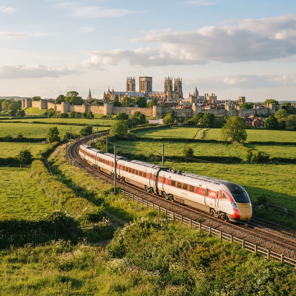 Intercity train passing through the Yorkshire countryside near York
