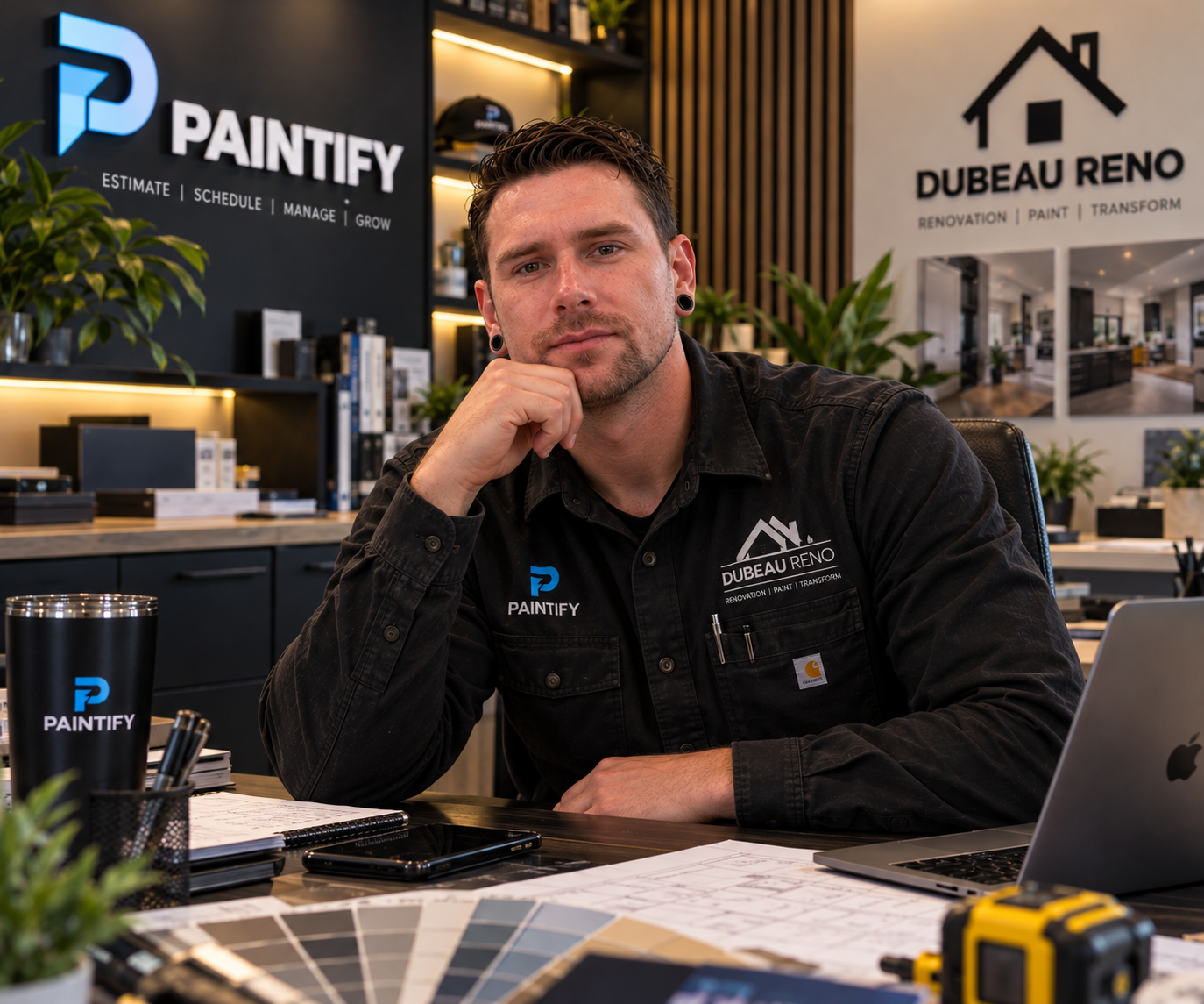 Dylan, owner of Dubeau Reno and founder of Paintify, at his office desk