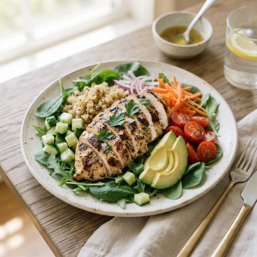 High-protein lunch with grilled chicken, quinoa, greens, and vegetables