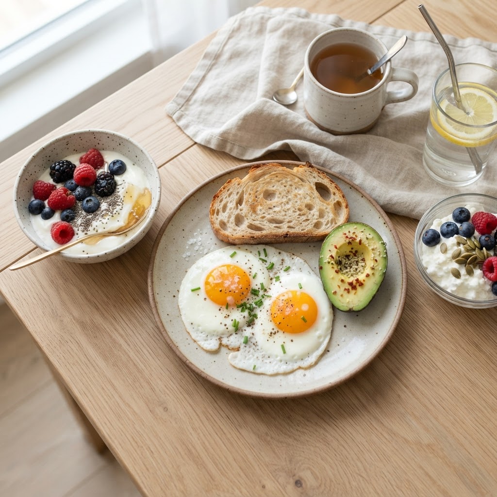 High-protein breakfast with eggs, Greek yogurt, berries, and cottage cheese