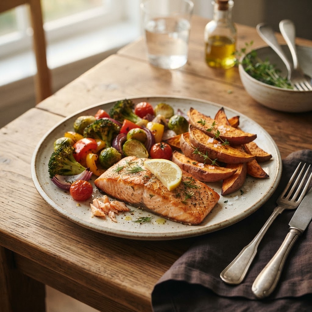 High-protein dinner with salmon or chicken, vegetables, and sweet potato
