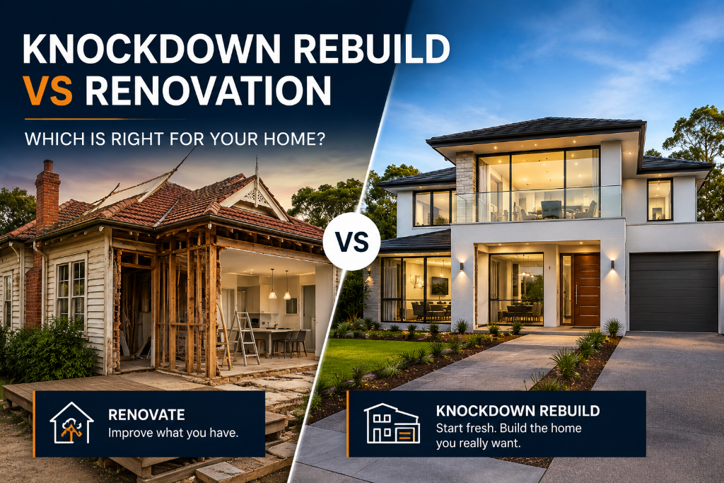 Knockdown rebuild vs renovation comparison showing a renovated house on the left and a new modern build on the right