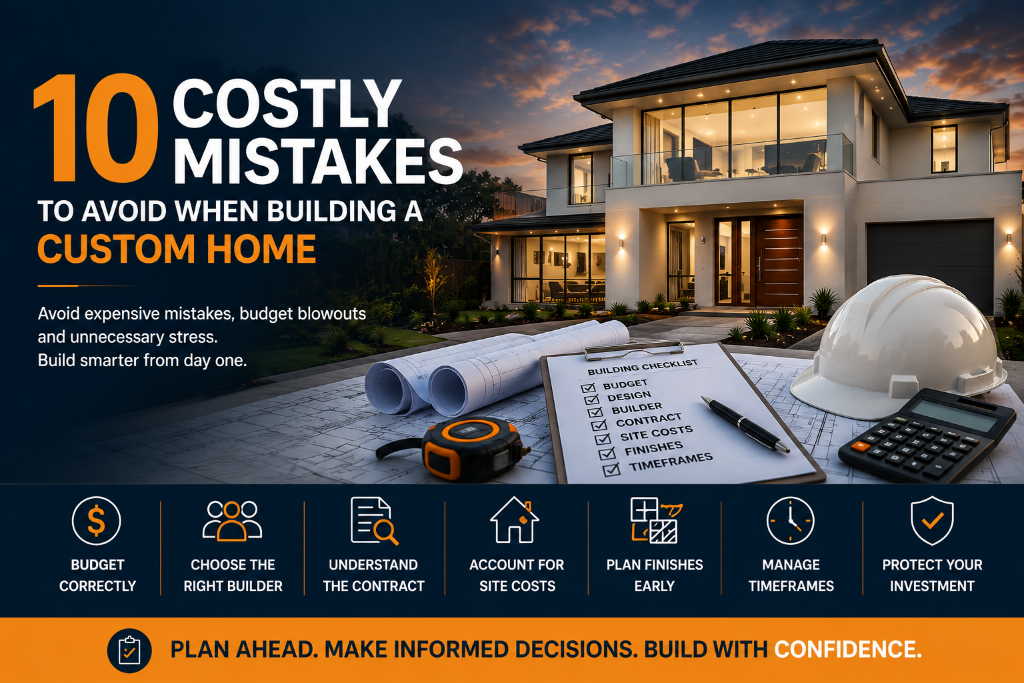 Luxury custom home under construction with building plans, safety helmet and checklist illustrating common mistakes to avoid when building a custom home in Australia.