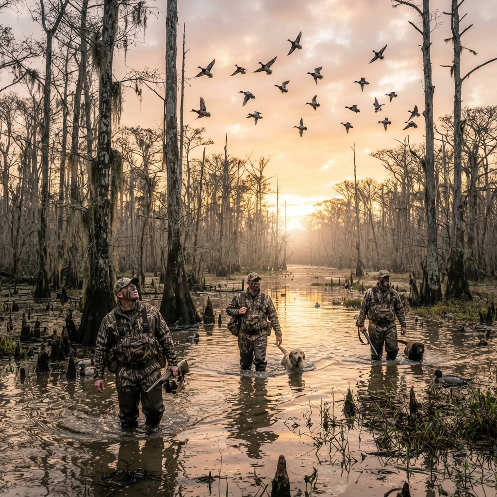 Waterfowl hunting in flooded timber - duck hunting landscape with green water and bare trees
