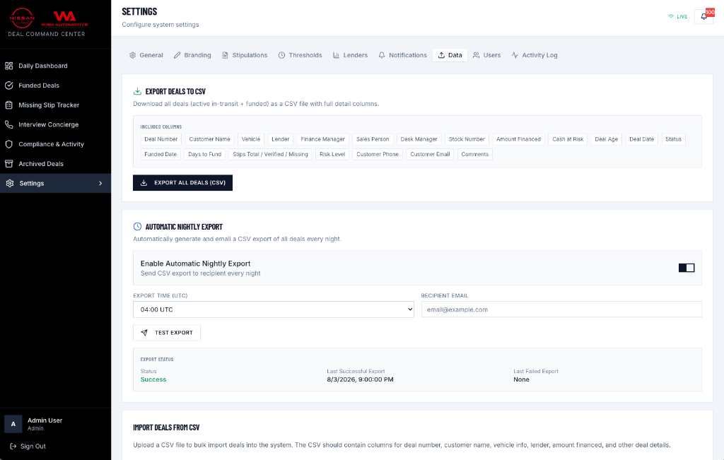 Settings & Data