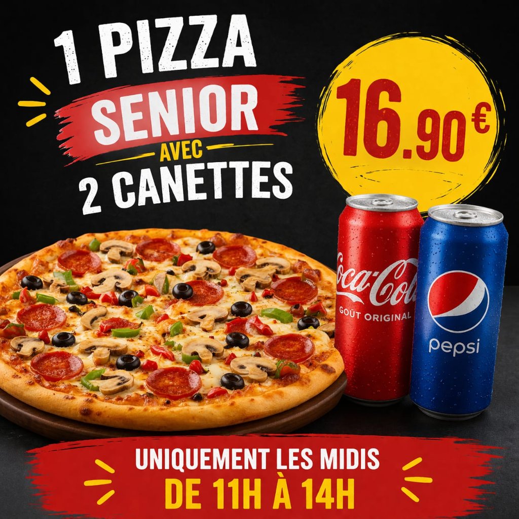 1 Pizza Senior avec 2 canettes à 16.90€