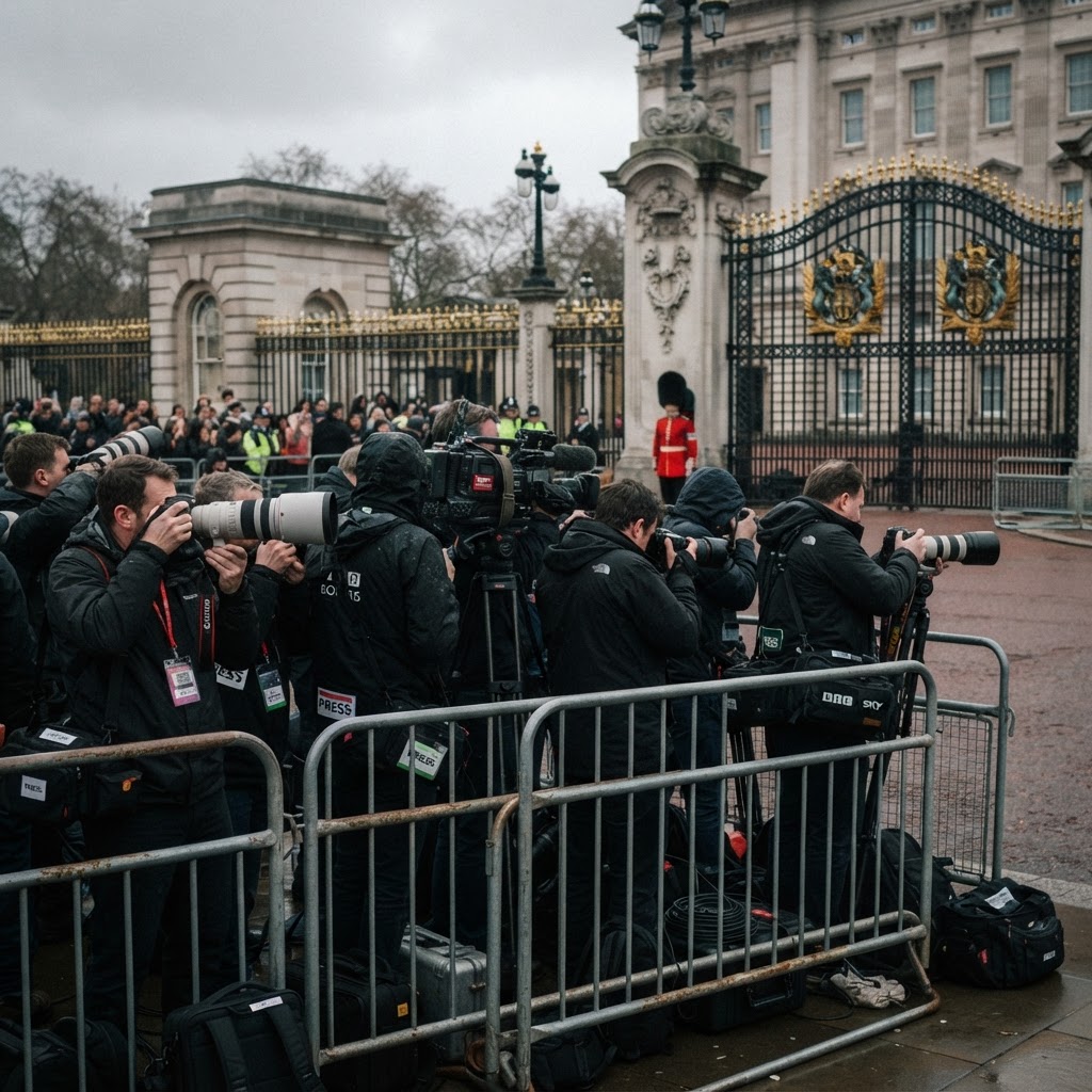 Press photographers gathered outside a royal residence in London