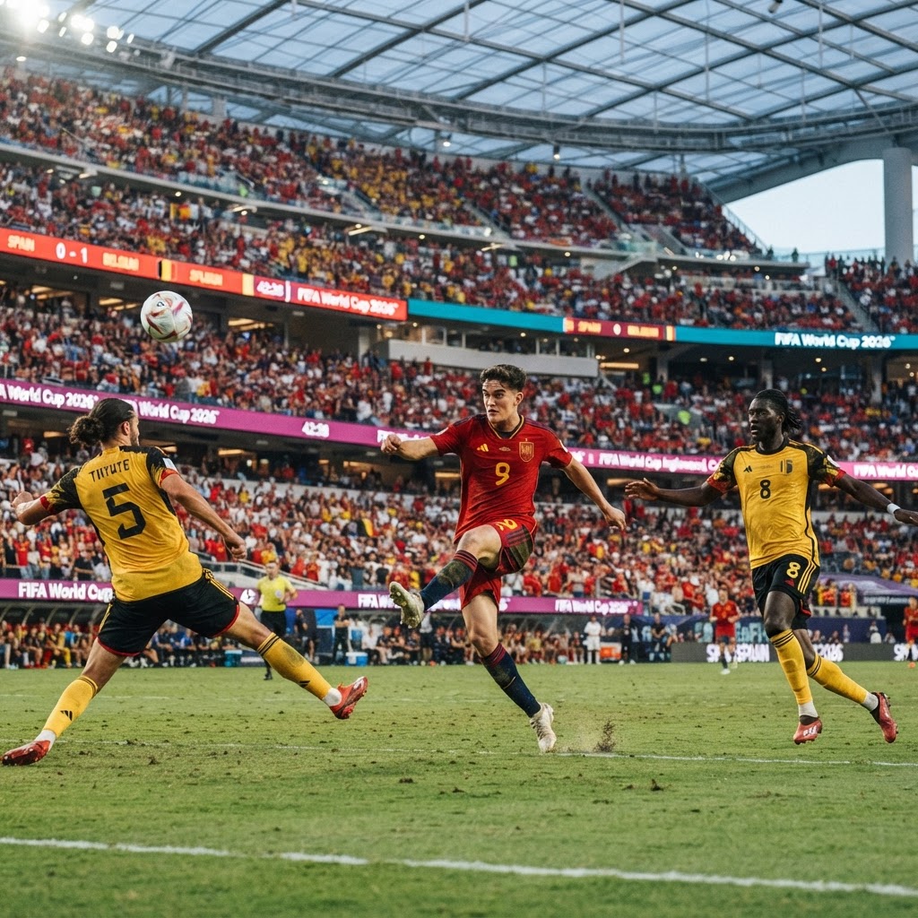 Spain and Belgium battle in midfield during their World Cup knockout match