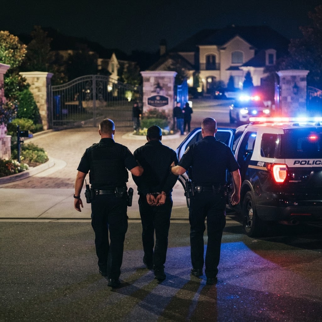 Police escort a handcuffed suspect to a patrol car outside a gated community