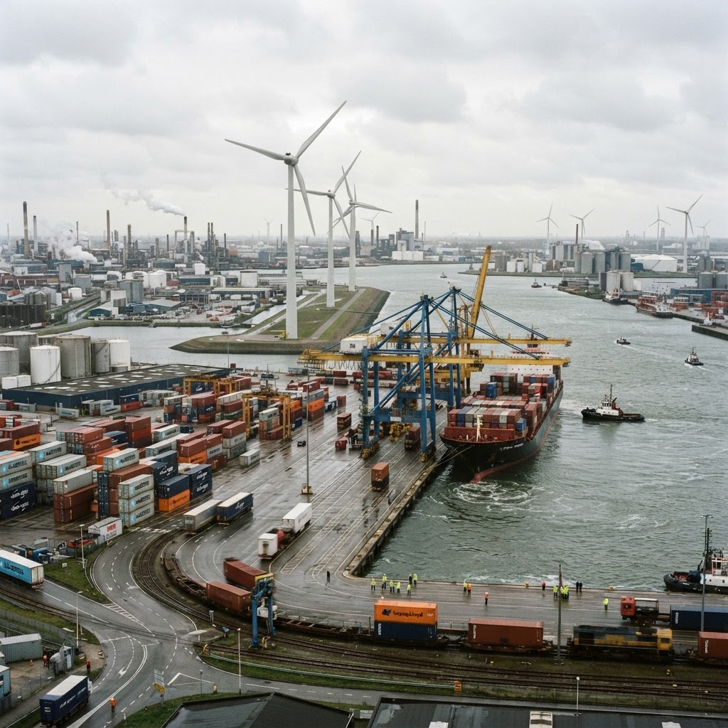 European industrial port with wind turbines