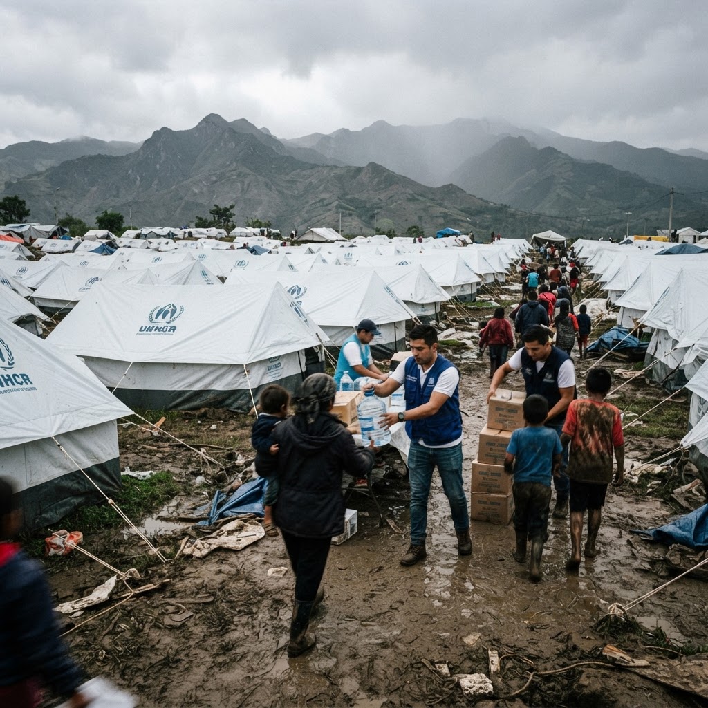 Emergency relief tents housing earthquake survivors in western Colombia