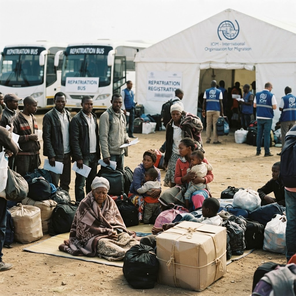African migrants waiting with their belongings at a temporary repatriation camp