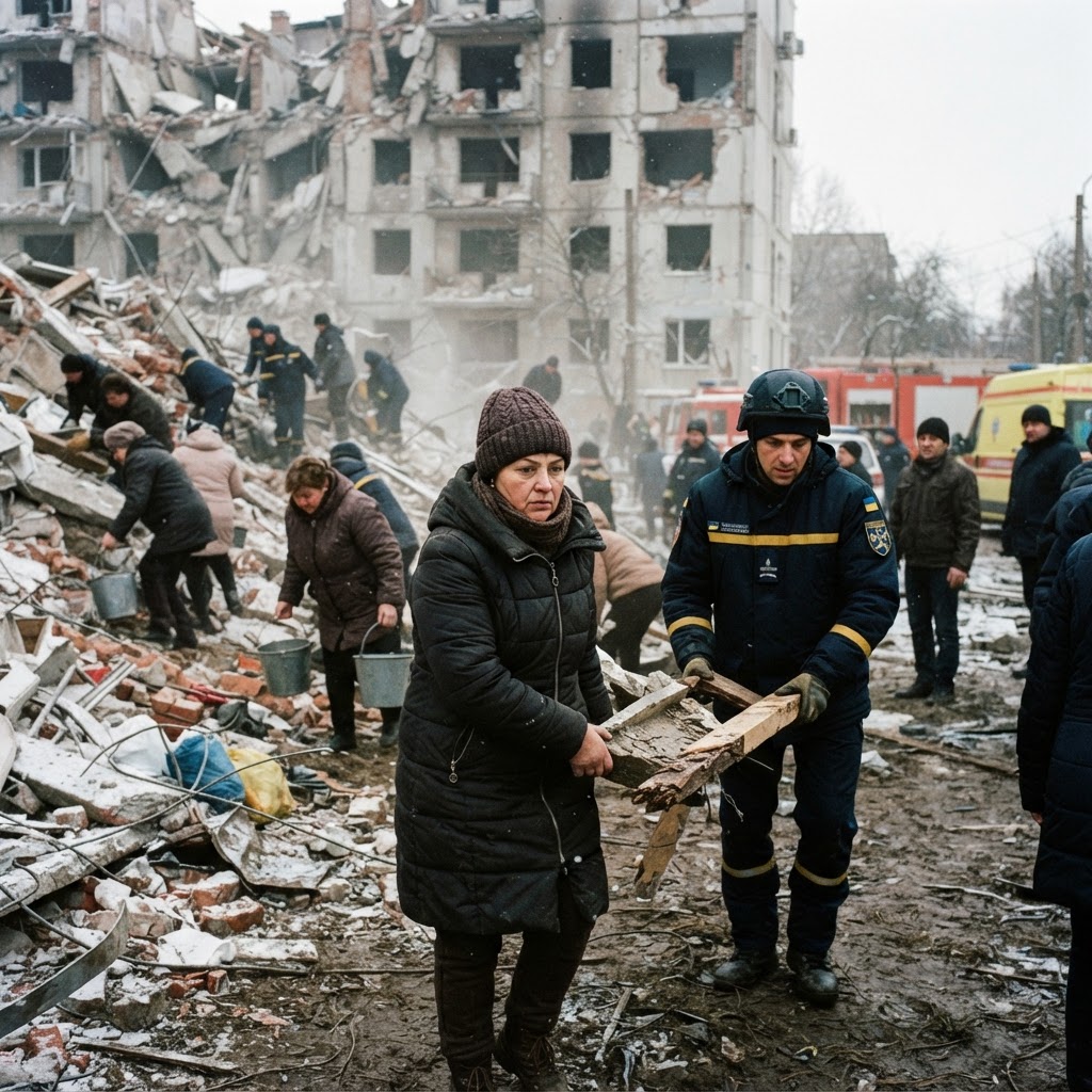 Ukrainians continue to clear rubble as Russian strikes persist.