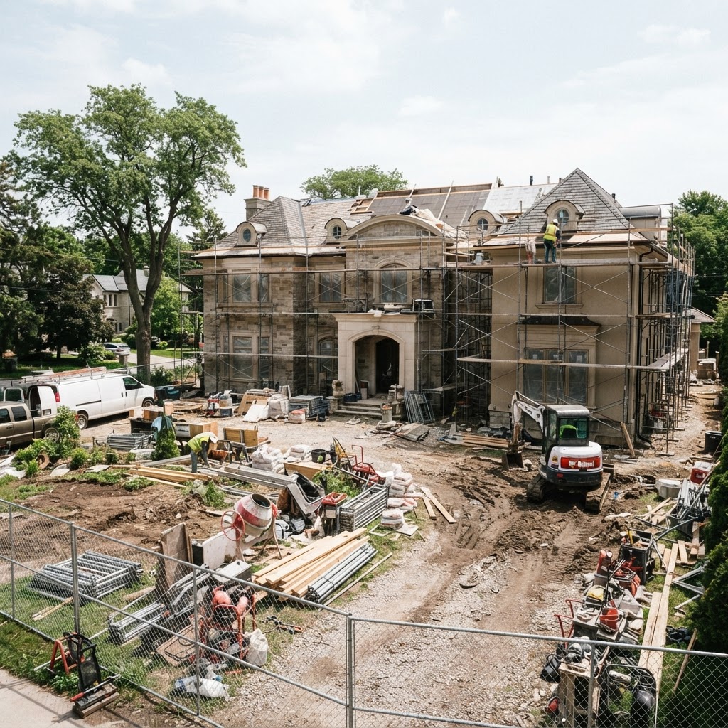 Luxury mansion undergoing renovation with scaffolding