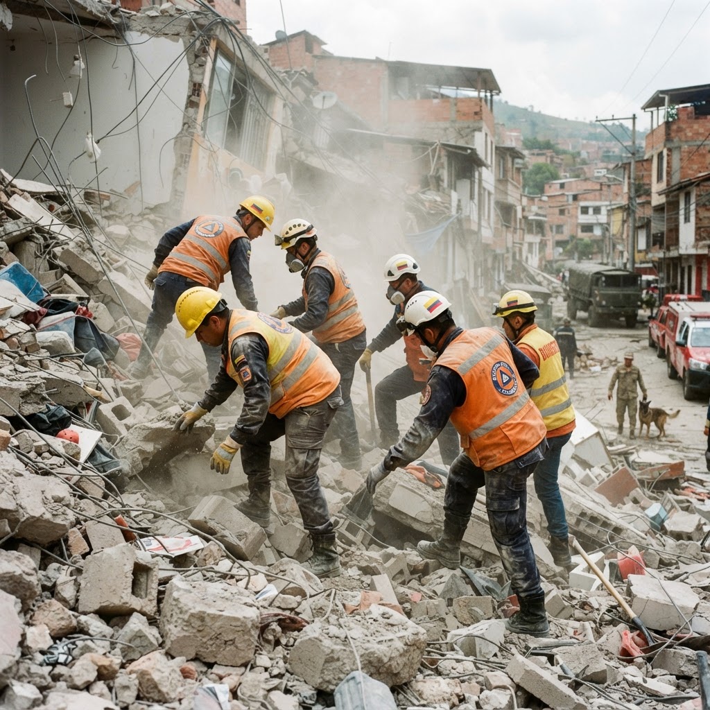 Rescue workers searching earthquake debris in Colombia