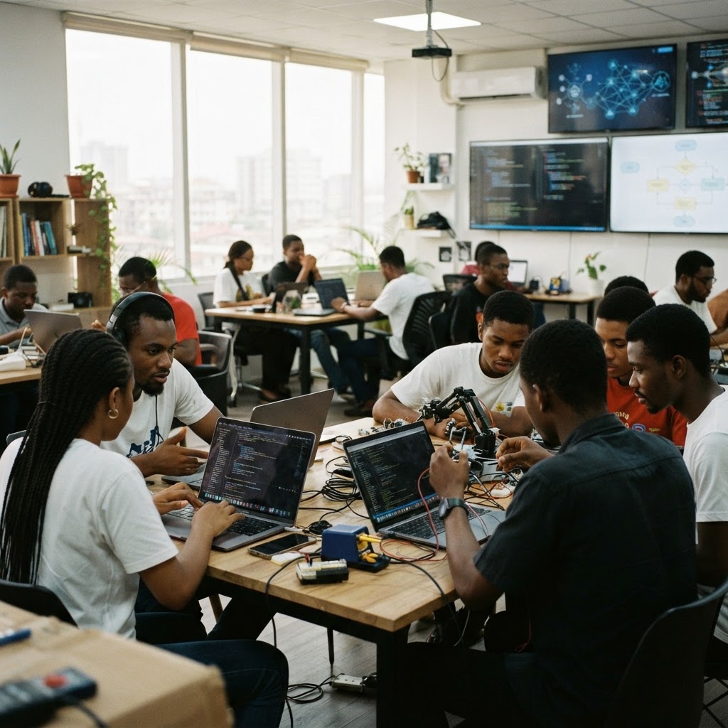 Young African technologists building software in a modern innovation hub