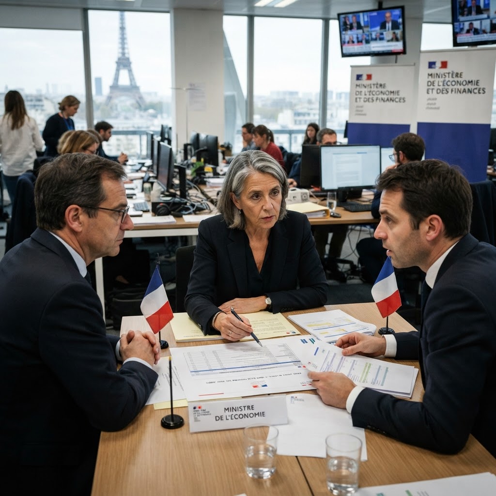 French budget papers and officials in discussion