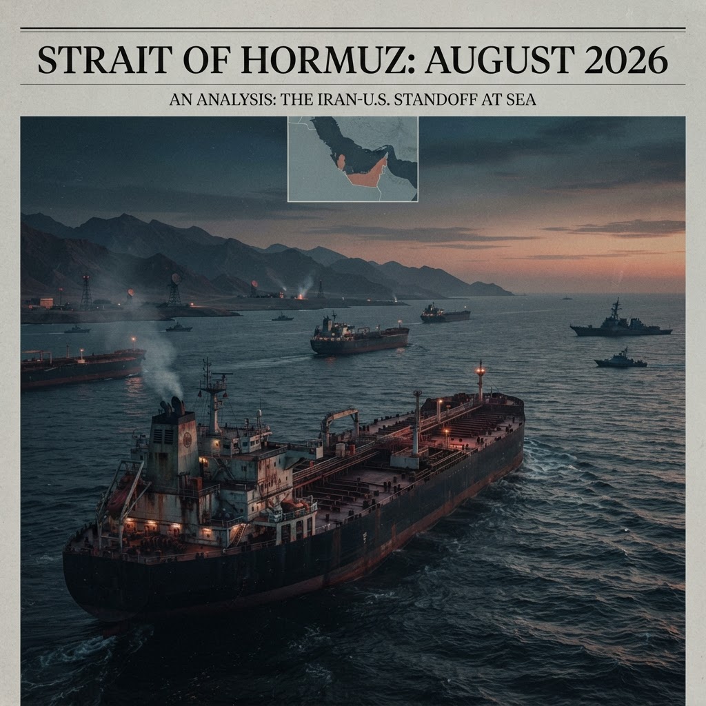 Editorial illustration of the Strait of Hormuz as the central choke point in the U.S.-Iran conflict.