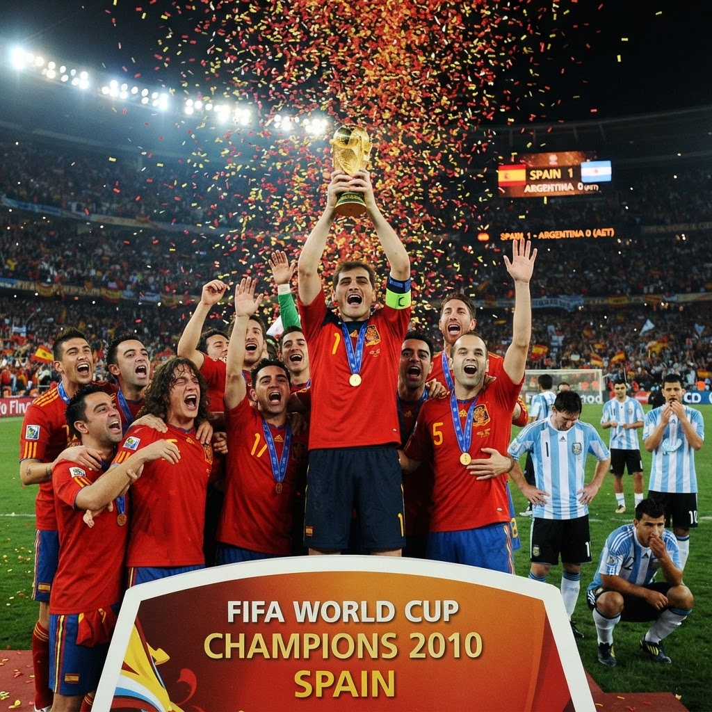 Spain lifts the World Cup championship, defeating Argentina 1-0 after 120 minutes of play