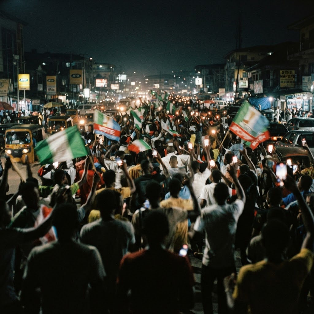 Supporters celebrate election results at night in a Nigerian city
