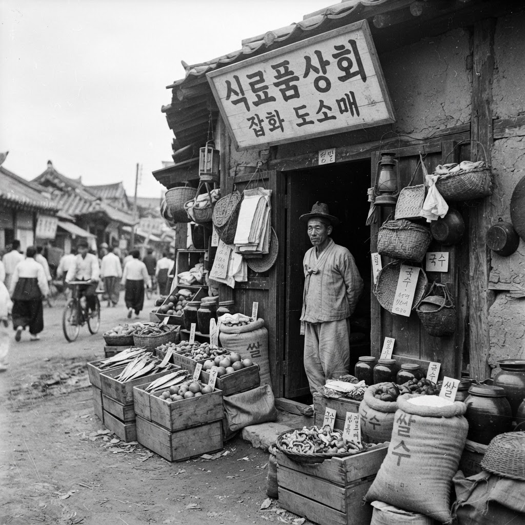 The origin: a 1930s Korean trading store of the kind Lee Byung-chul opened in Daegu in 1938 — dried fish, fruit, vegetables, rice and noodles sold to local buyers and shipped to Manchuria and Beijing.