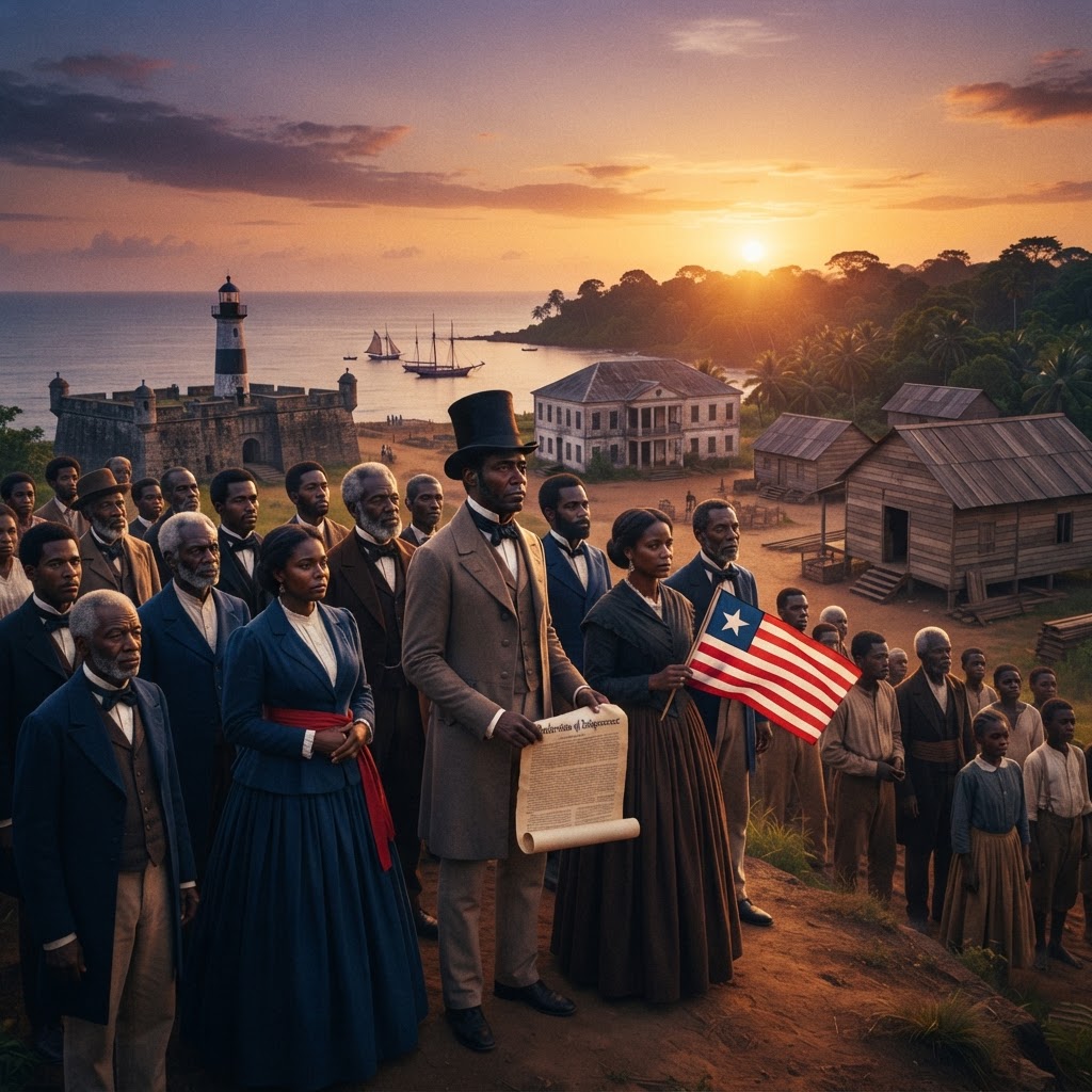 Historic commemorative scene reflecting Liberia's founding spirit