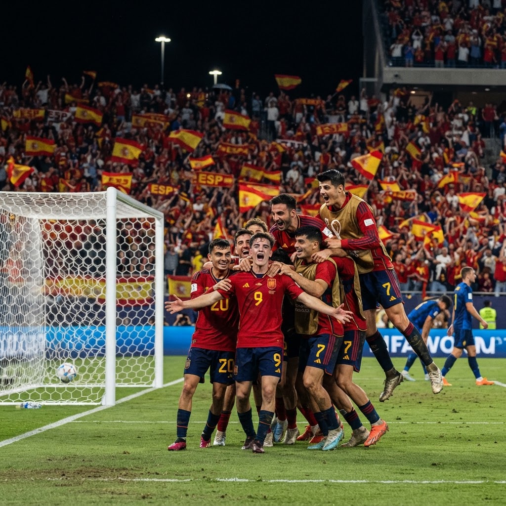 Spain players celebrate a dramatic late winner against Belgium at the World Cup