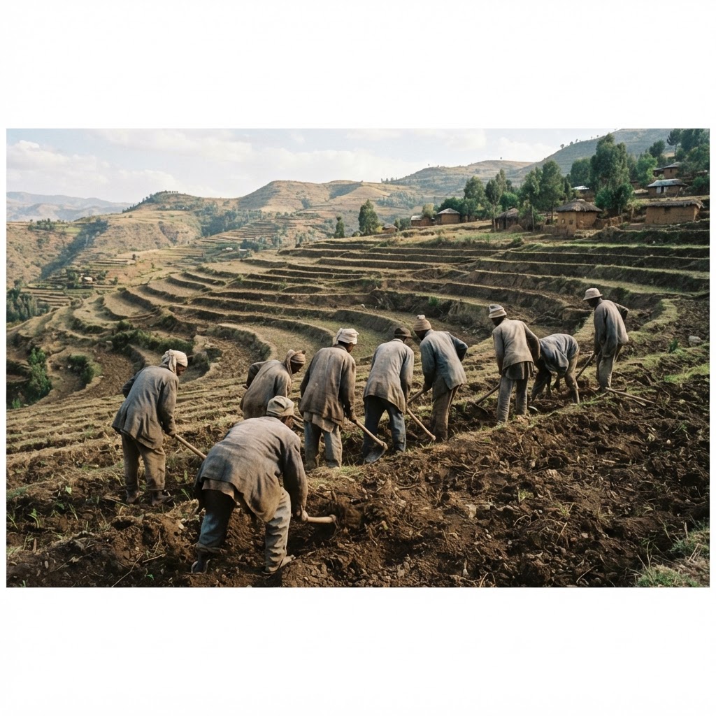 Ethiopian highland farmers in terraced fields