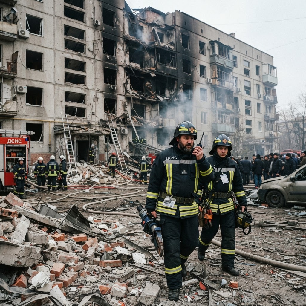 Emergency responders near a damaged building in Ukraine