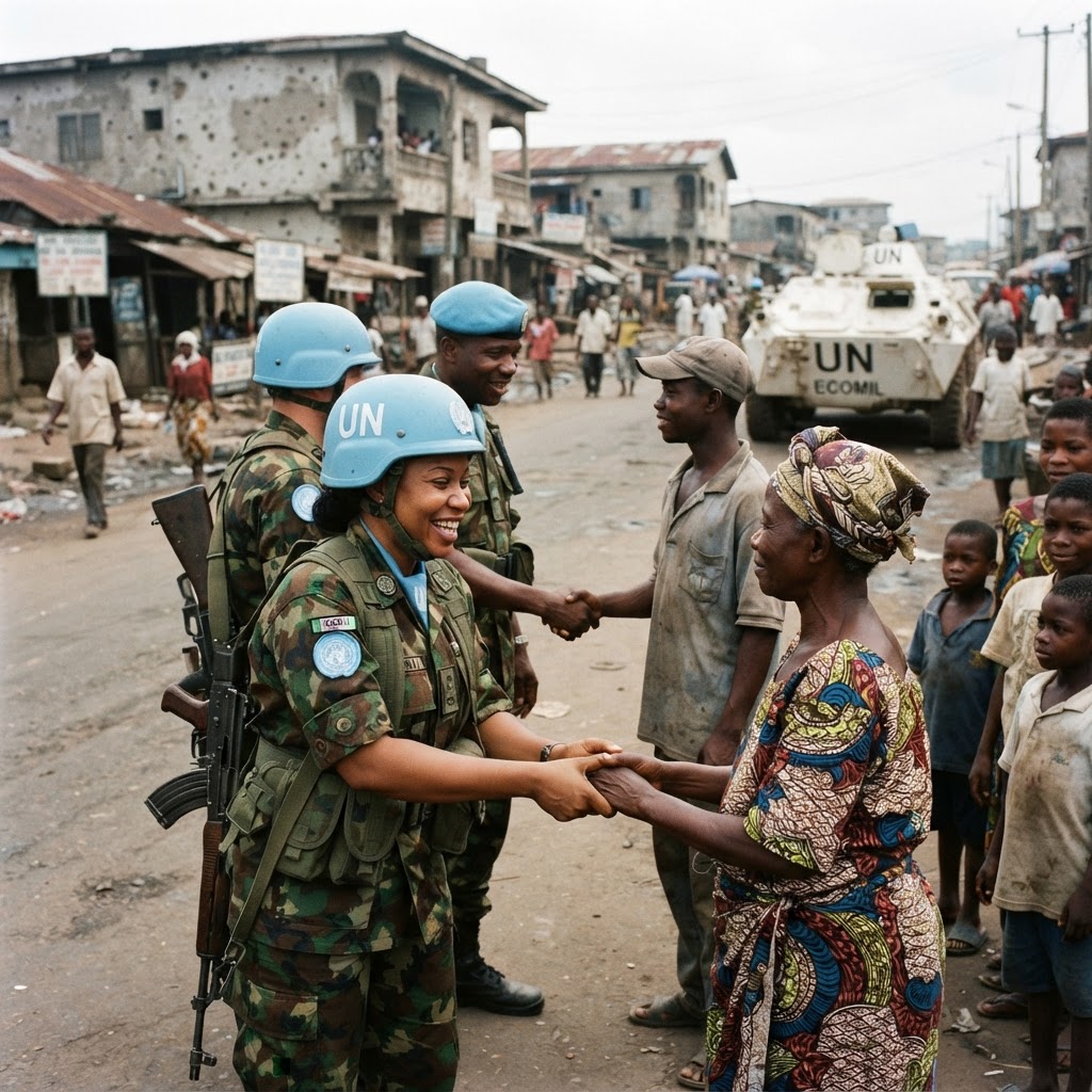Regional peacekeepers greeting civilians in Monrovia