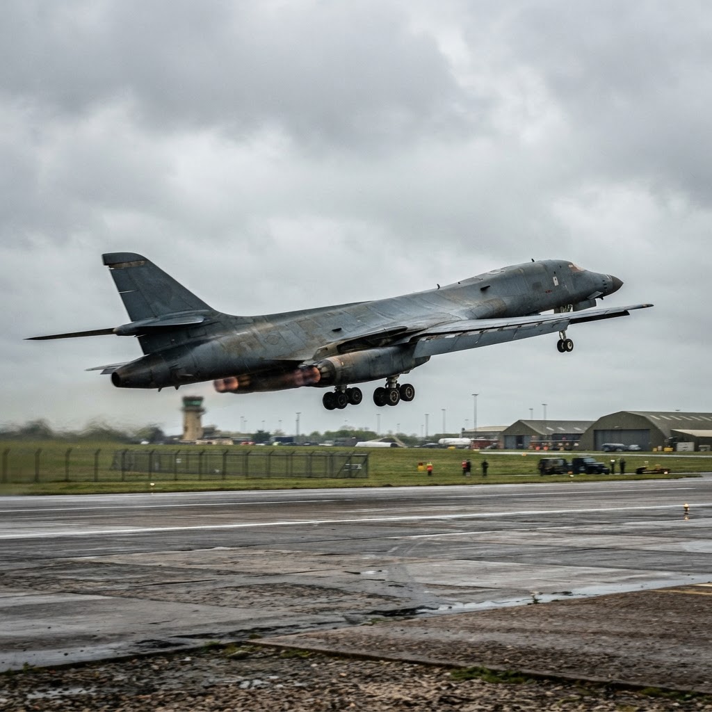 Bomber departing an air base under overcast skies