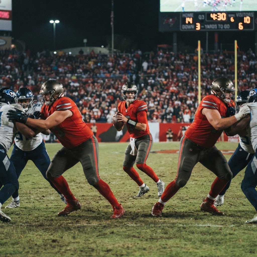 Rookie quarterback drops back to pass under the lights