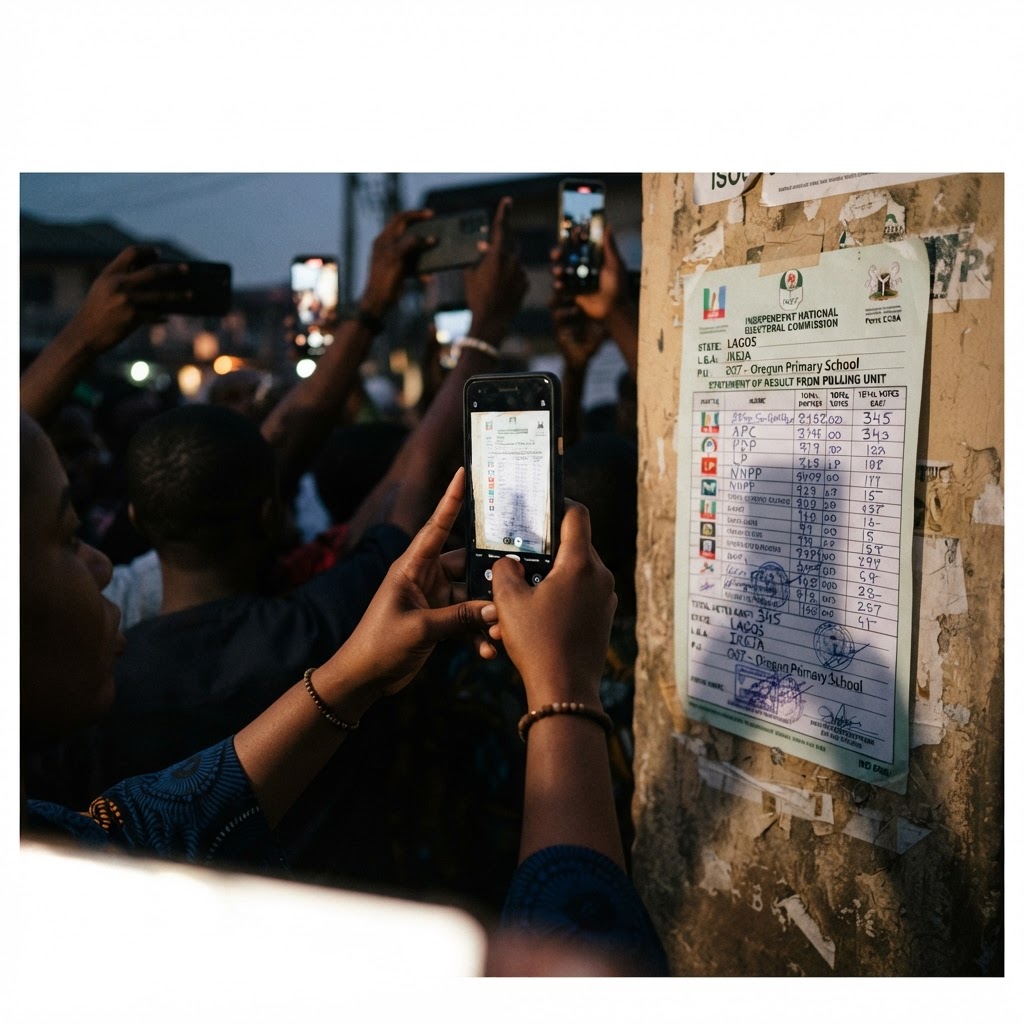 A voter photographs an official result sheet at a Nigerian polling unit