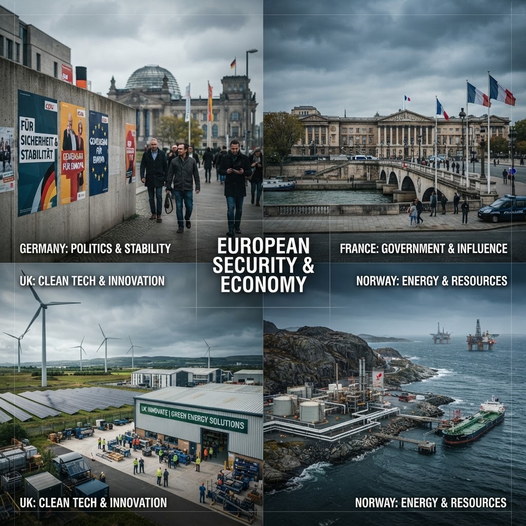 Editorial illustration of Europe’s security and economic pressures converging across key capitals.