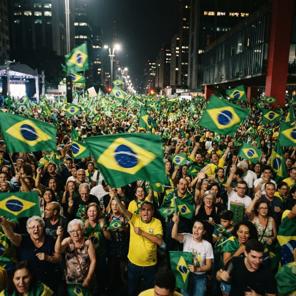 Supporters wave Brazilian flags at a rally