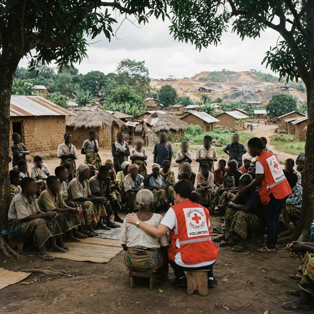 Grieving residents and Red Cross volunteers near the mine site