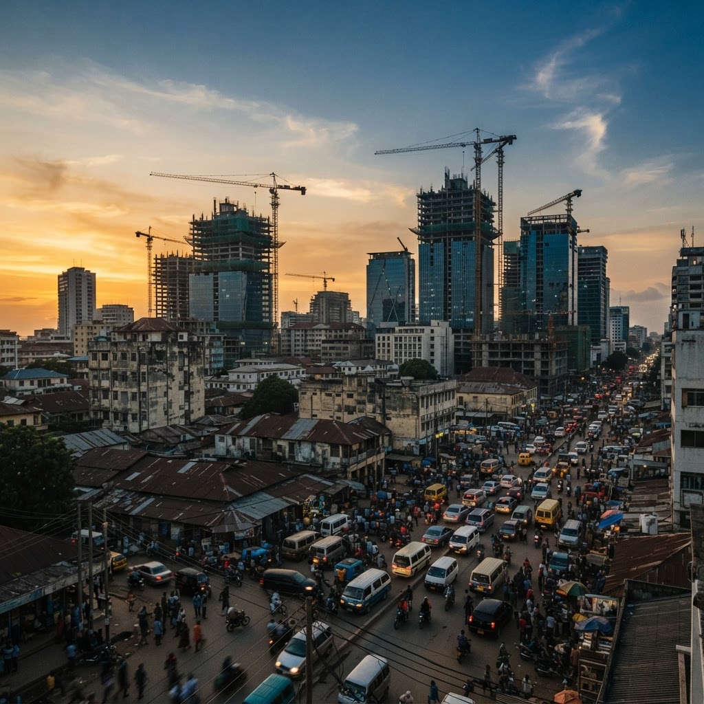 An African capital skyline at dusk, caught between construction and decay