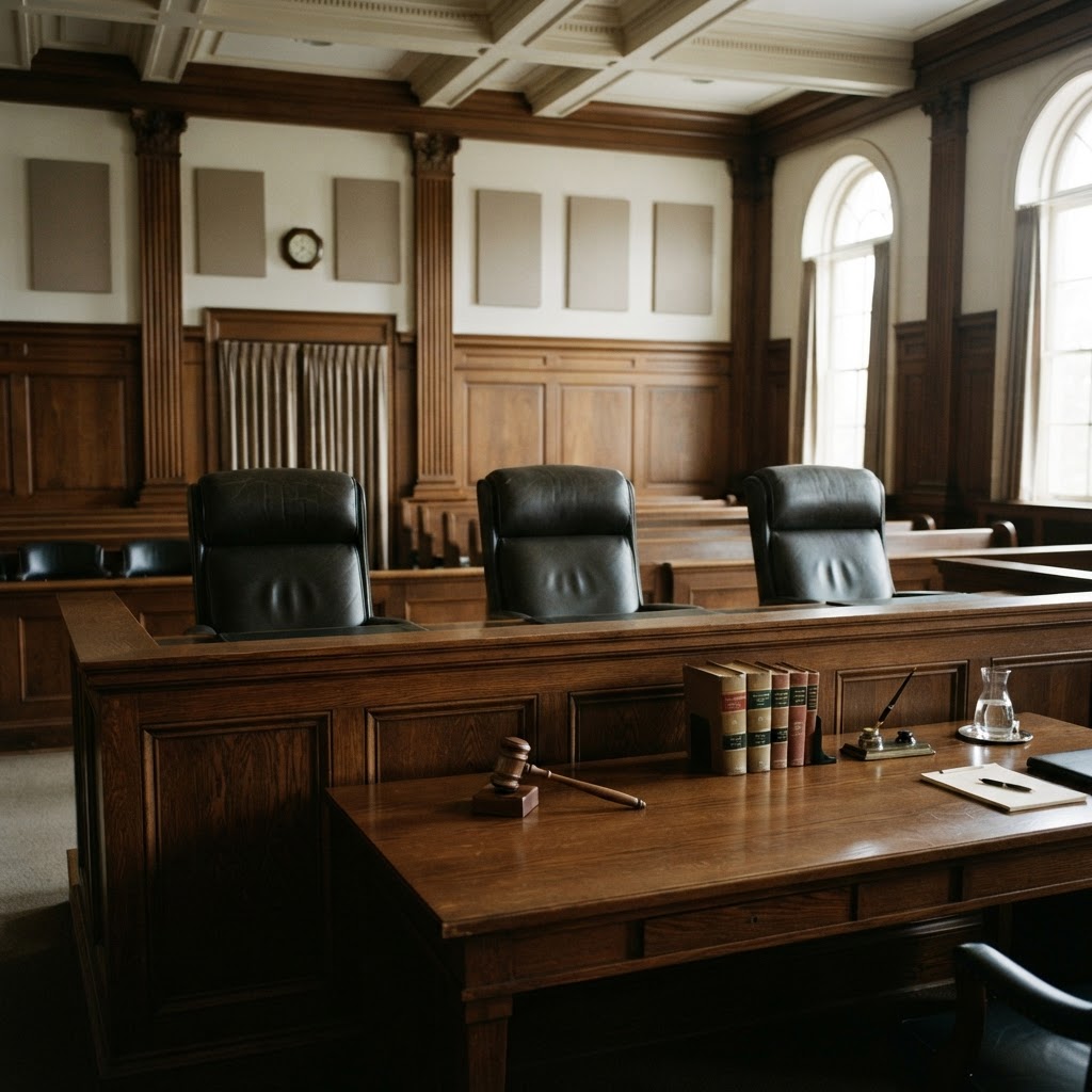 Courtroom judges' bench with gavel and law books