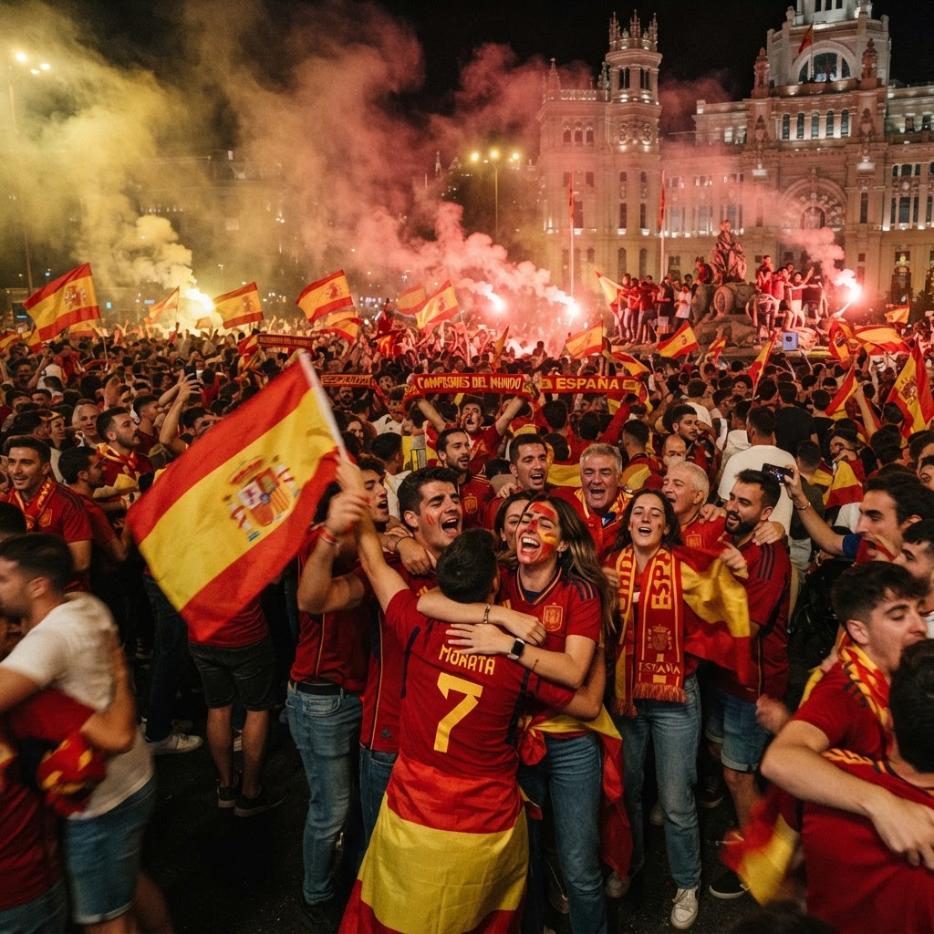 Spanish supporters celebrating a World Cup victory in the streets