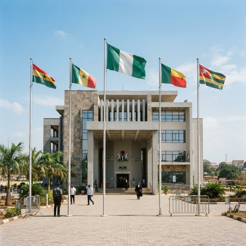Regional court building with West African flags
