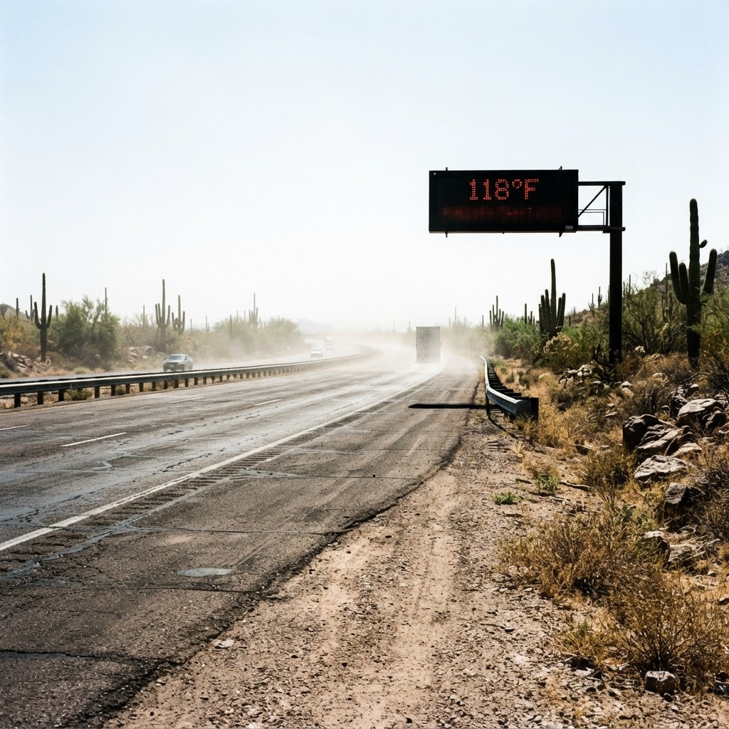 Heat haze shimmers over a desert highway in the American Southwest