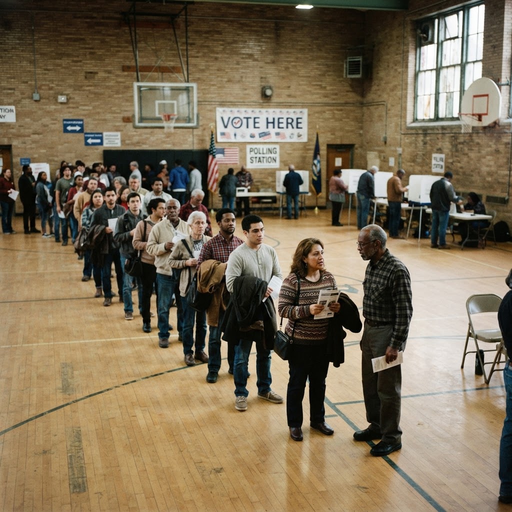 Voters line up at a polling place