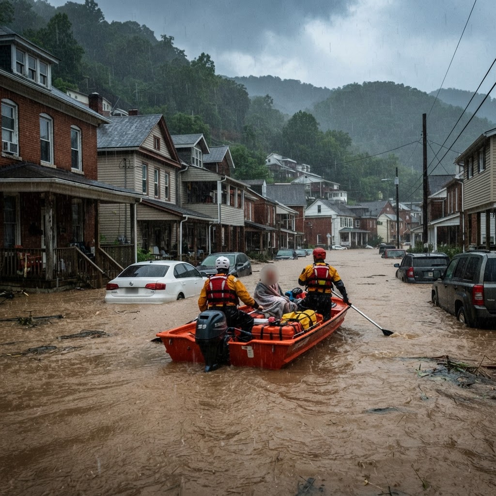 Floodwater covers a residential street as responders navigate by boat