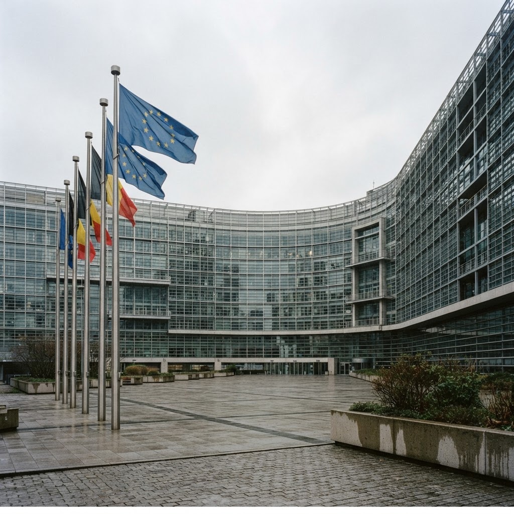 The European Union flag outside an EU institutional building in Brussels
